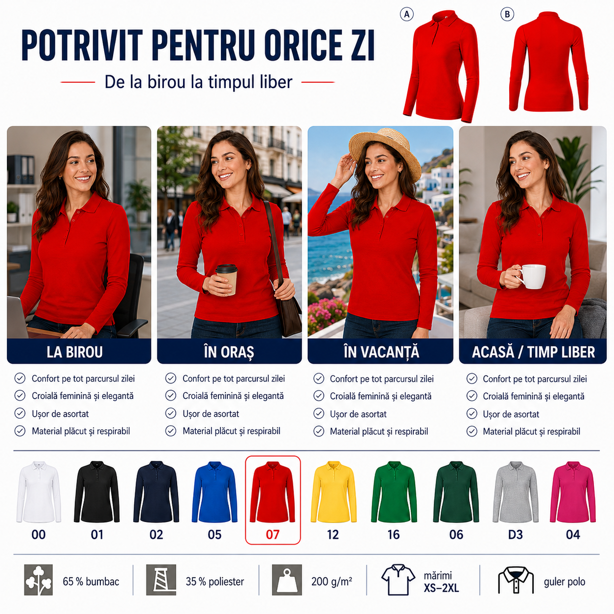 Detalii bluză polo damă cu m&acirc;necă lungă, guler polo, 4 nasturi, cusături laterale și m&acirc;neci lungi